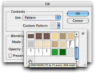 To apply the pattern Select Edit then Fill and Pattern