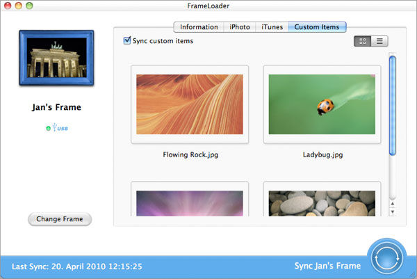 frameLoader displays a list of iPhoto albums and iTunes playlists