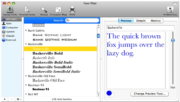 Font Pilot searches for copyrights, licenses, descriptions, postscript names, file sizes, locations, and much more